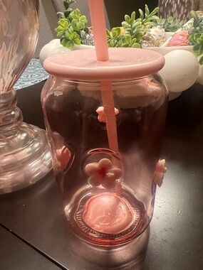 Pink Floral Glass Tumbler with Lid & Straw